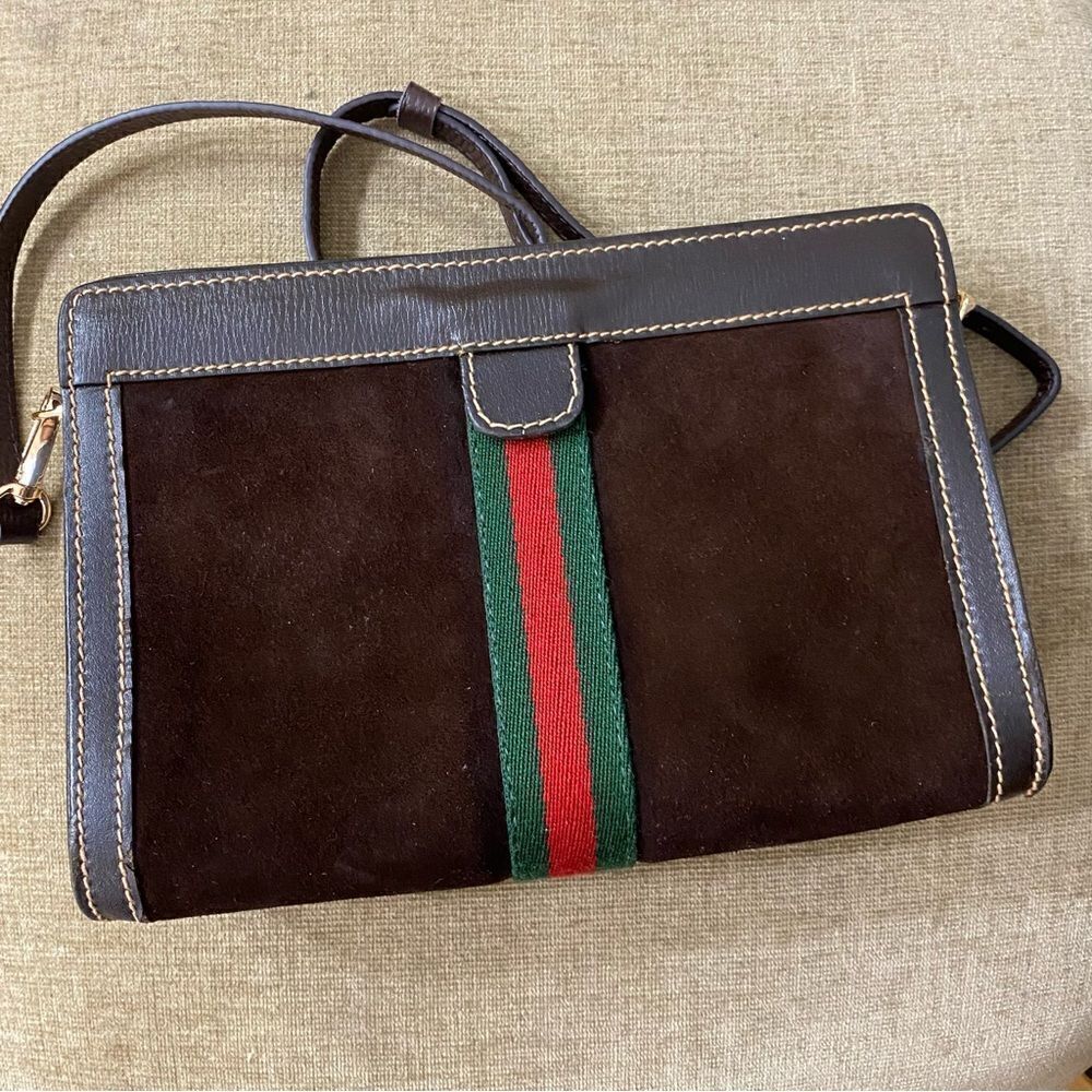 GUCCI Suede Leather Clutch-Crossbody/Shoulder Bag 💼 Brown
